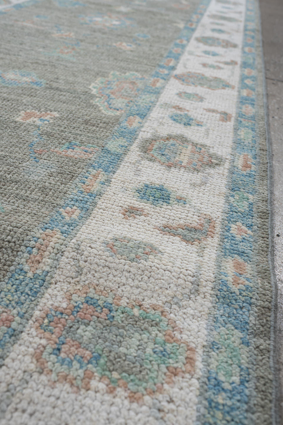 3' x 14' one-of-a-kind handmade vintage Oushak runner rug. Color palette: light gray, ivory, pale aqua, blush, taupe, teal