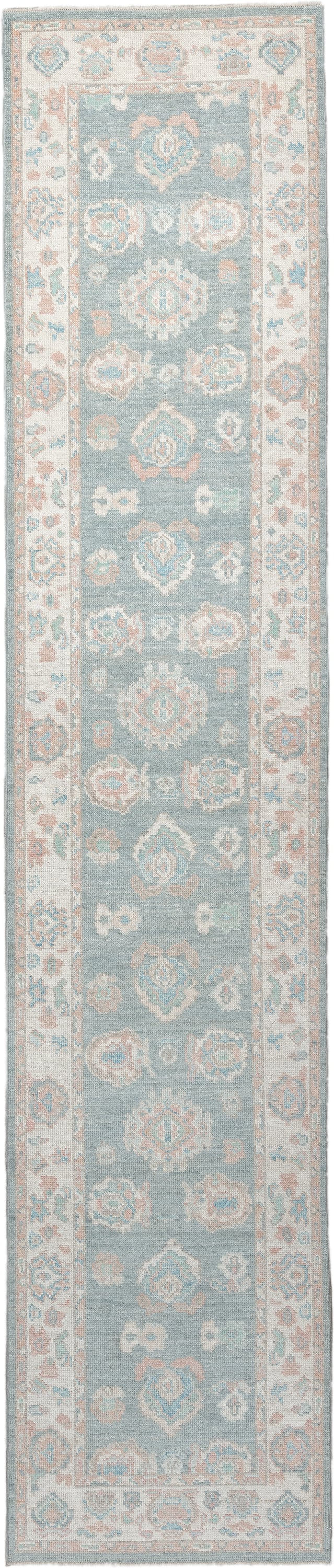 3' x 14' one-of-a-kind handmade vintage Oushak runner rug. Color palette: sky blue, ivory, blush, terracotta, sage, taupe