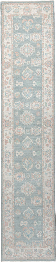 3' x 14' one-of-a-kind handmade vintage Oushak runner rug. Color palette: sky blue, ivory, blush, terracotta, sage, taupe