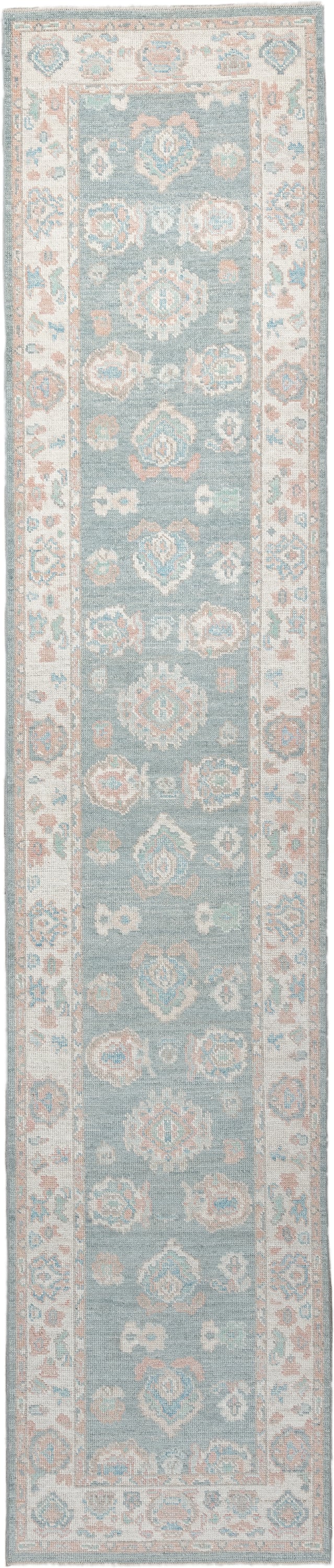3' x 14' one-of-a-kind handmade vintage Oushak runner rug. Color palette: sky blue, ivory, blush, terracotta, sage, taupe
