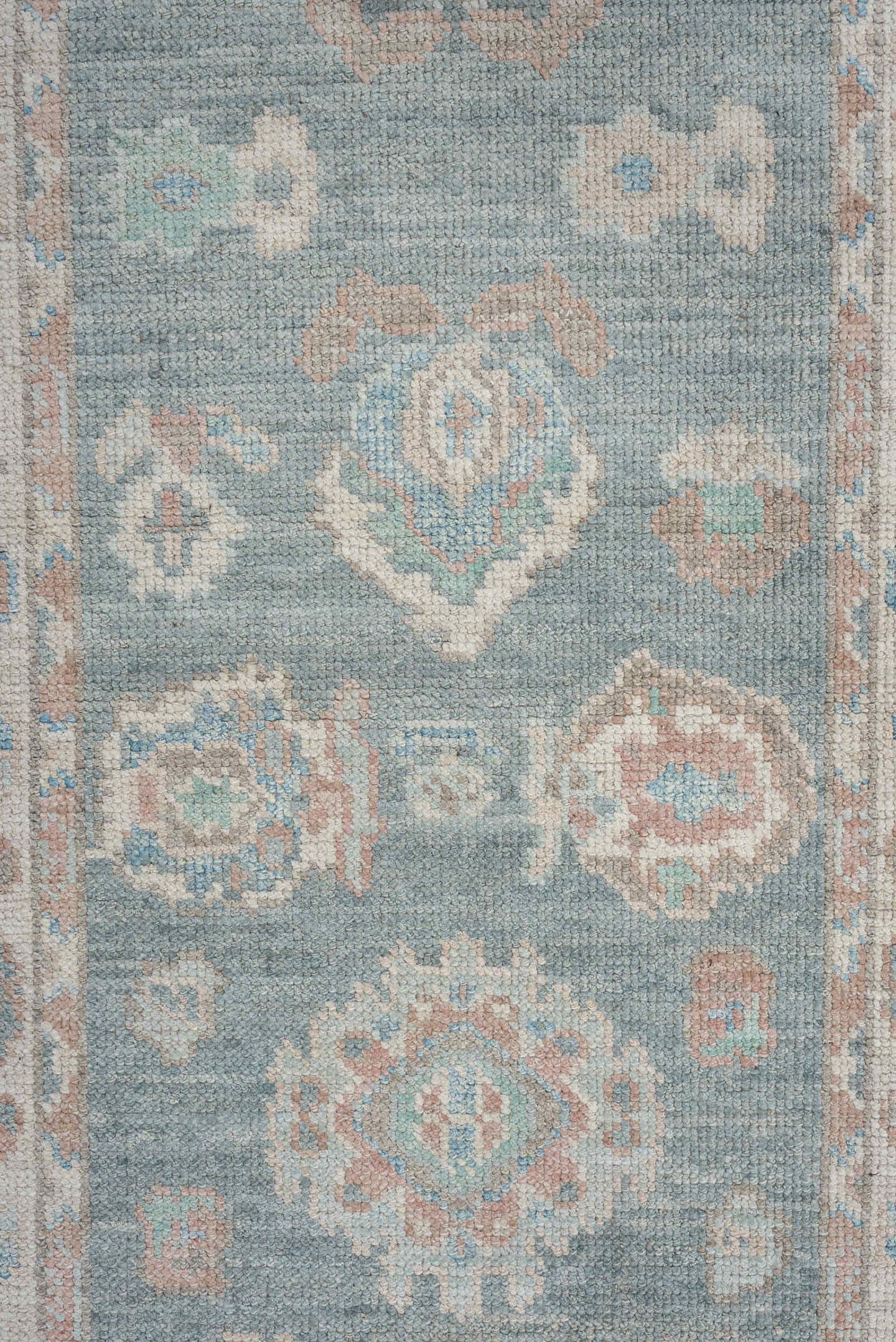 3' x 14' one-of-a-kind handmade vintage Oushak runner rug. Color palette: sky blue, ivory, blush, terracotta, sage, taupe