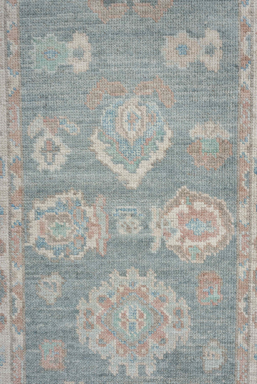 3' x 14' one-of-a-kind handmade vintage Oushak runner rug. Color palette: sky blue, ivory, blush, terracotta, sage, taupe