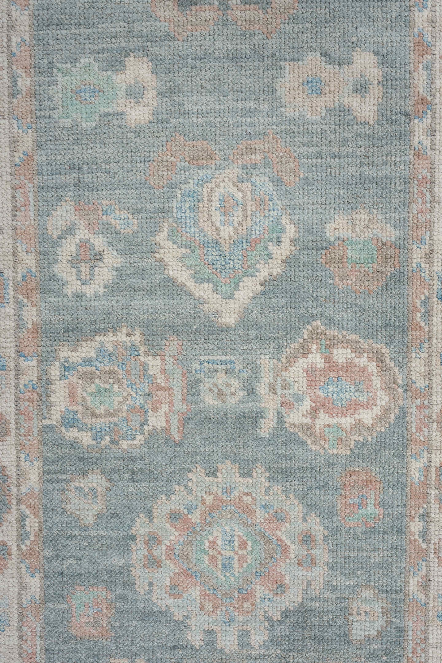 3' x 14' one-of-a-kind handmade vintage Oushak runner rug. Color palette: sky blue, ivory, blush, terracotta, sage, taupe