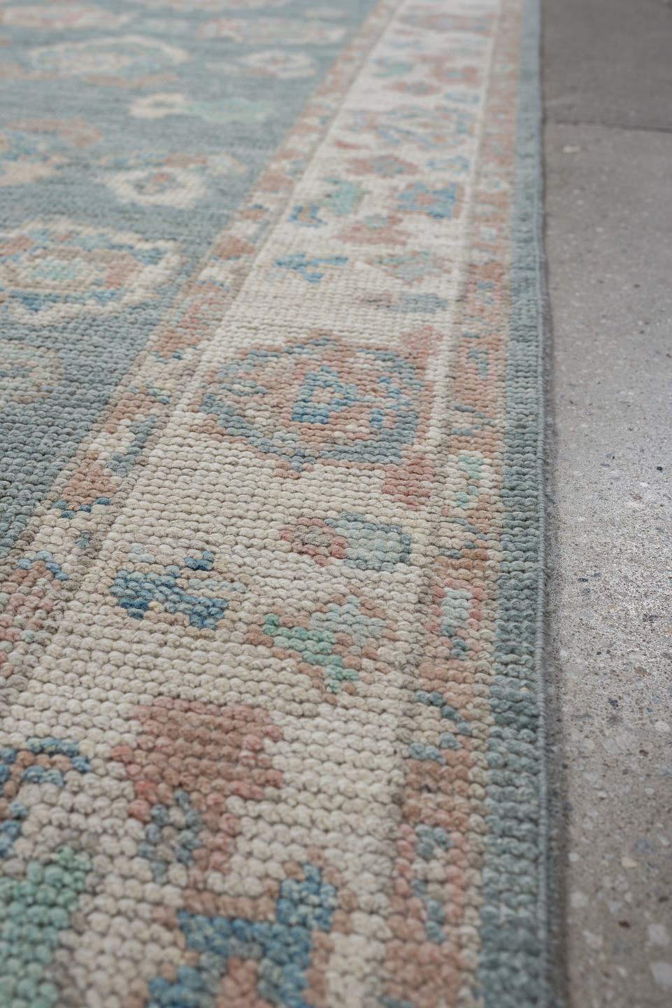 3' x 14' one-of-a-kind handmade vintage Oushak runner rug. Color palette: sky blue, ivory, blush, terracotta, sage, taupe