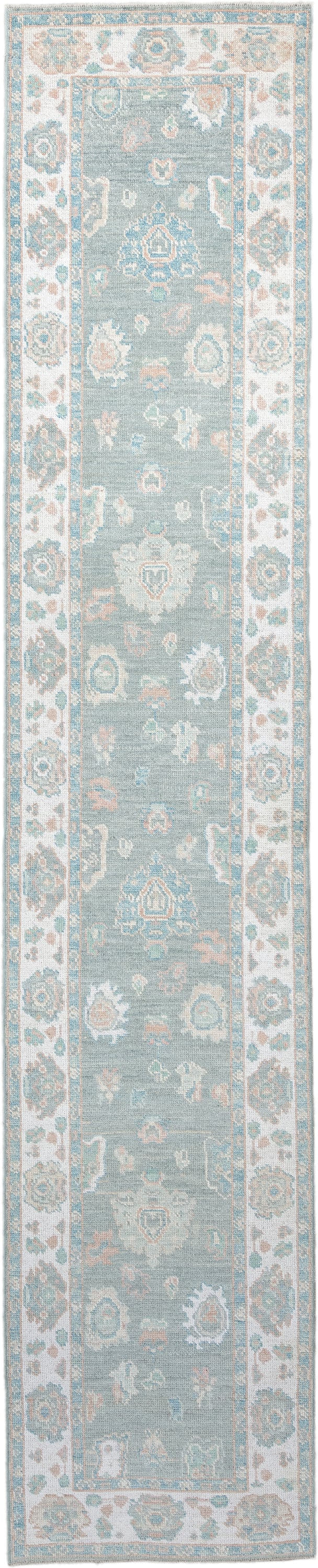 2' x 14' one-of-a-kind handmade vintage Oushak runner rug. Color palette: light blue, ivory, taupe, sage, peach, beige, gray