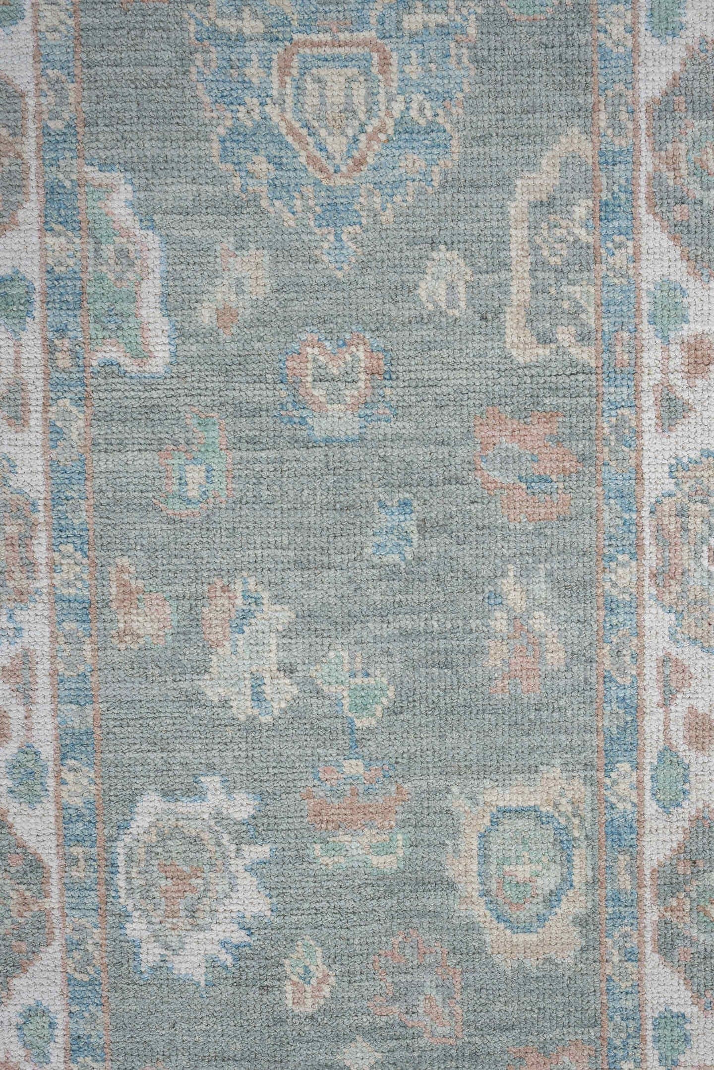 2' x 14' one-of-a-kind handmade vintage Oushak runner rug. Color palette: light blue, ivory, taupe, sage, peach, beige, gray