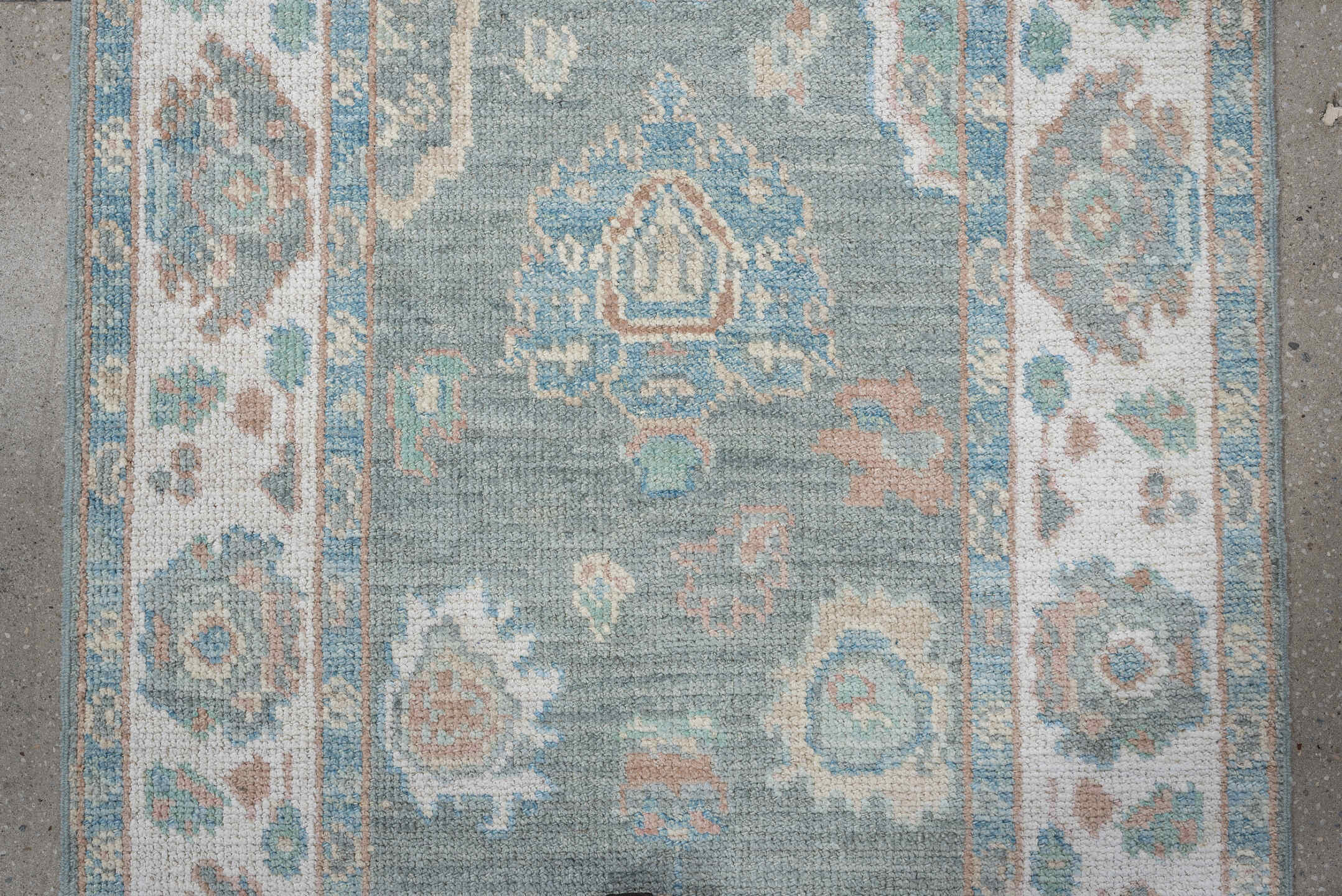 2' x 14' one-of-a-kind handmade vintage Oushak runner rug. Color palette: light blue, ivory, taupe, sage, peach, beige, gray