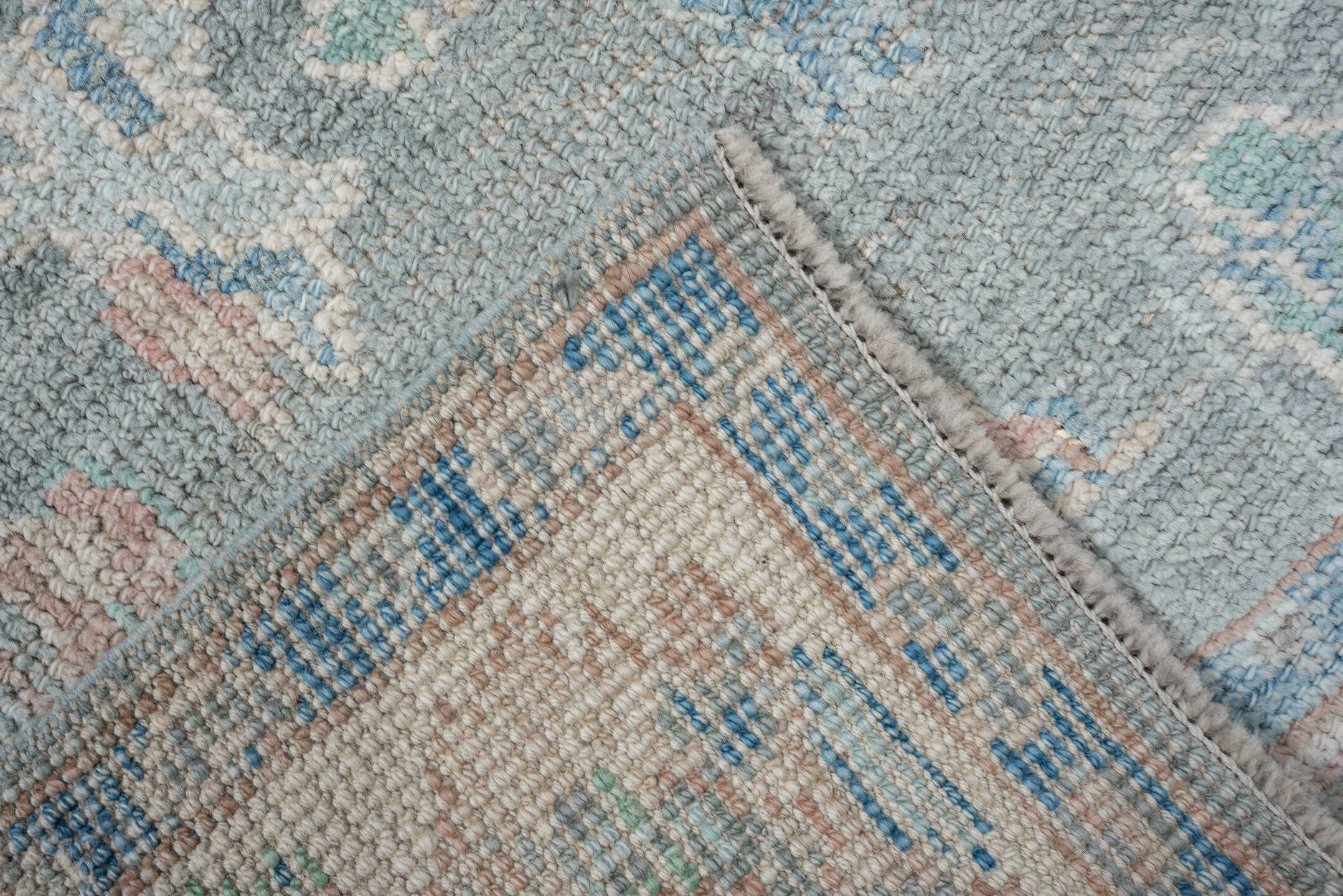 2' x 14' one-of-a-kind handmade vintage Oushak runner rug. Color palette: light blue, ivory, taupe, sage, peach, beige, gray