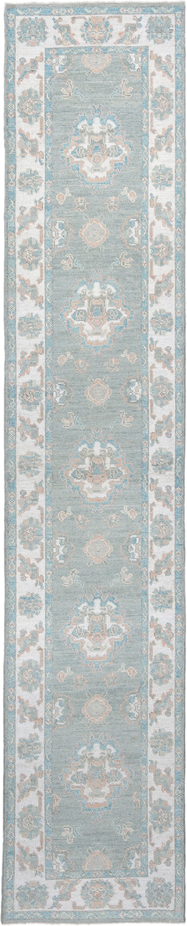 2' x 14' one-of-a-kind handmade vintage Oushak runner rug. Color palette: sky blue, ivory, taupe, beige, pale peach