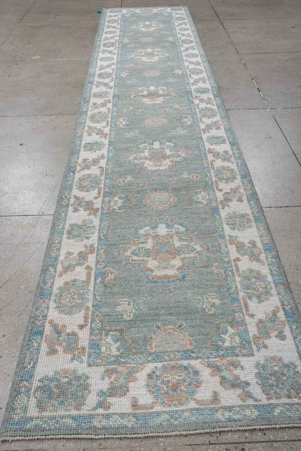 2' x 14' one-of-a-kind handmade vintage Oushak runner rug. Color palette: sky blue, ivory, taupe, beige, pale peach