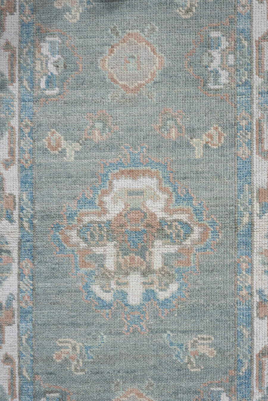 2' x 14' one-of-a-kind handmade vintage Oushak runner rug. Color palette: sky blue, ivory, taupe, beige, pale peach