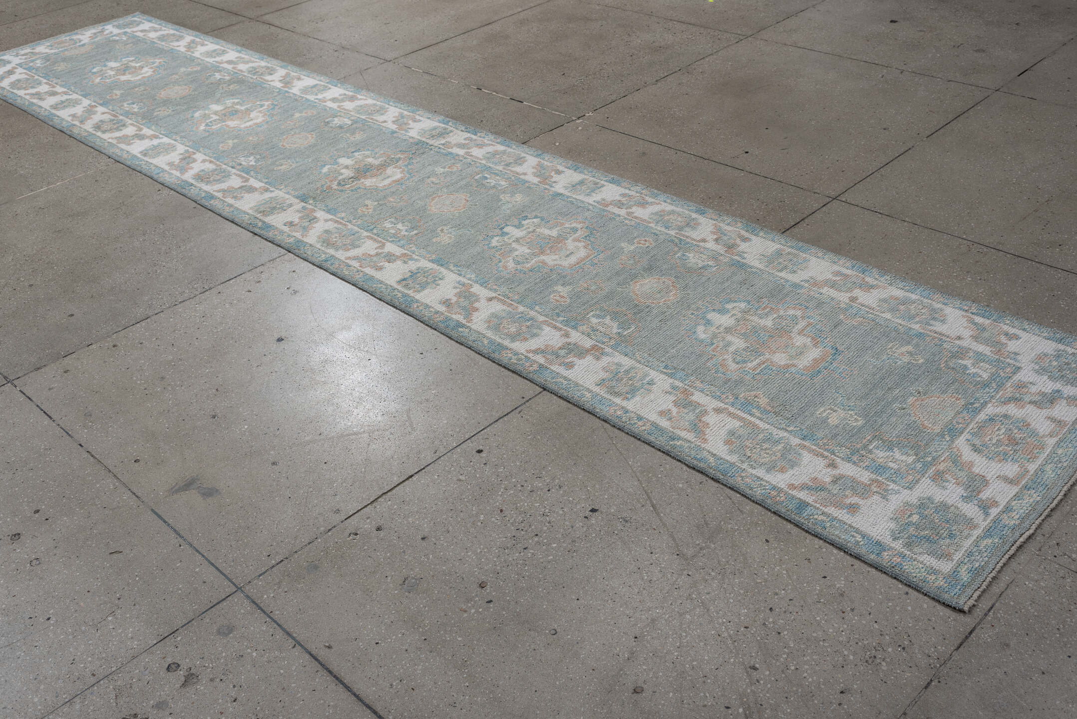2' x 14' one-of-a-kind handmade vintage Oushak runner rug. Color palette: sky blue, ivory, taupe, beige, pale peach