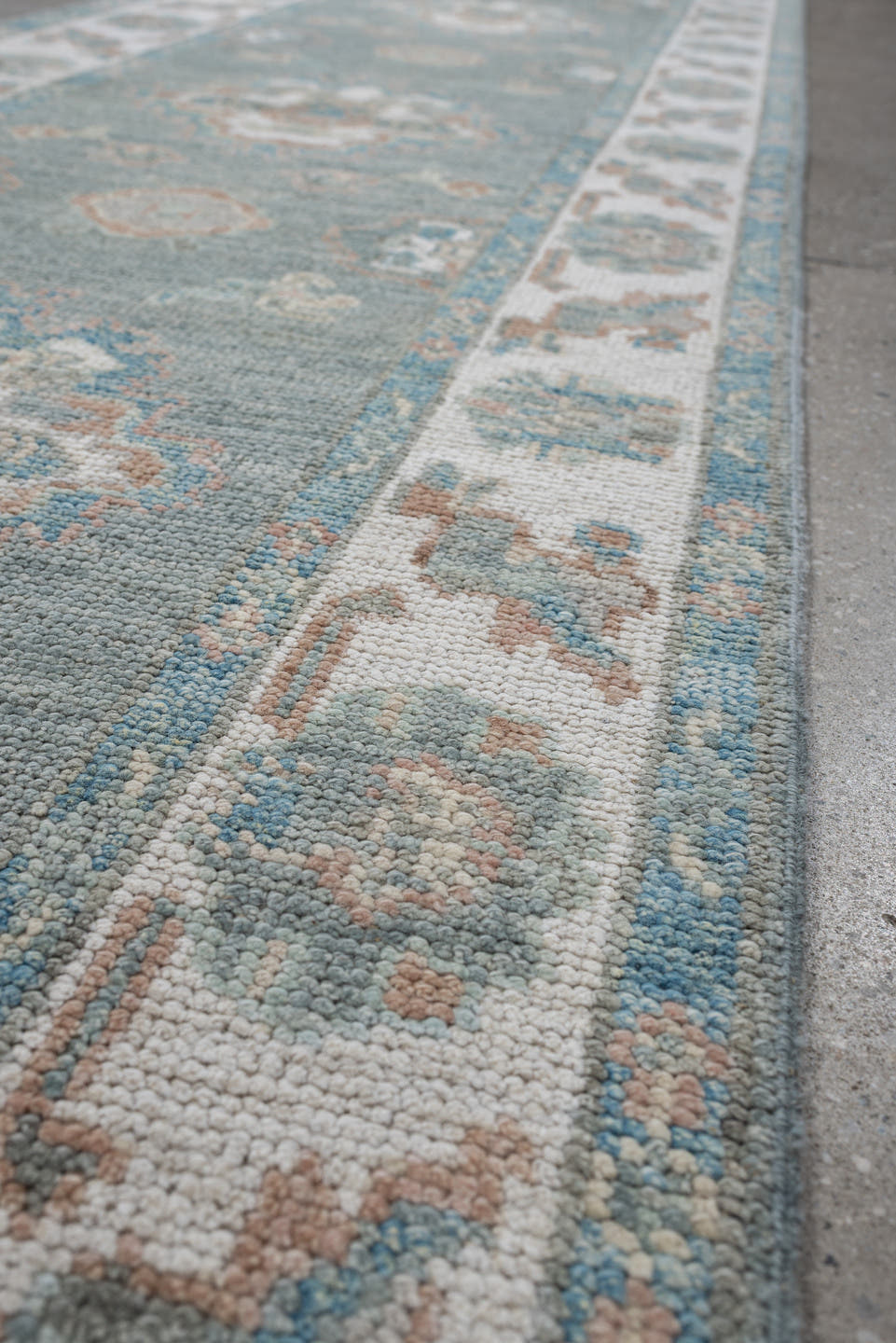 2' x 14' one-of-a-kind handmade vintage Oushak runner rug. Color palette: sky blue, ivory, taupe, beige, pale peach