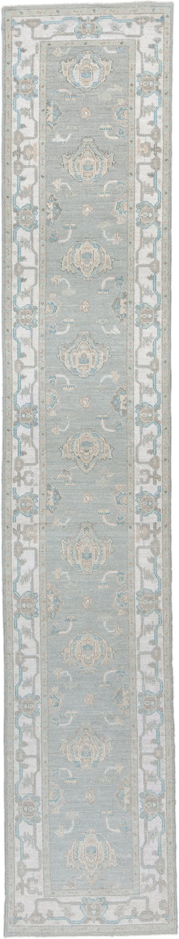 3' x 15' one-of-a-kind handmade vintage Oushak runner rug. Color palette: pale blue, ivory, taupe, cream, light gray