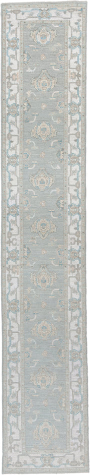 3' x 15' one-of-a-kind handmade vintage Oushak runner rug. Color palette: pale blue, ivory, taupe, cream, light gray