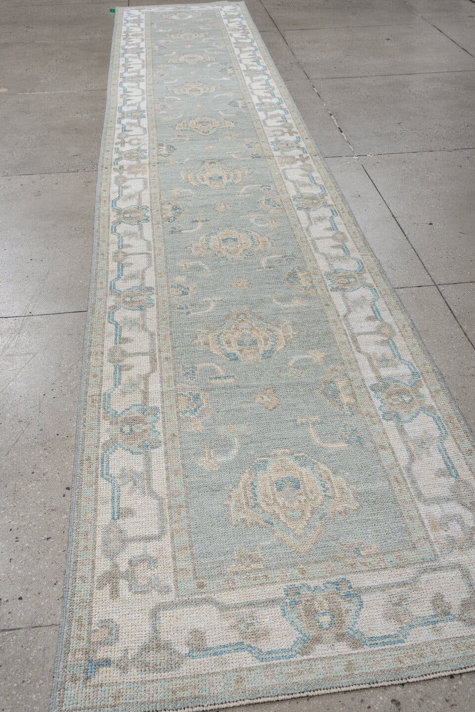 3' x 15' one-of-a-kind handmade vintage Oushak runner rug. Color palette: pale blue, ivory, taupe, cream, light gray