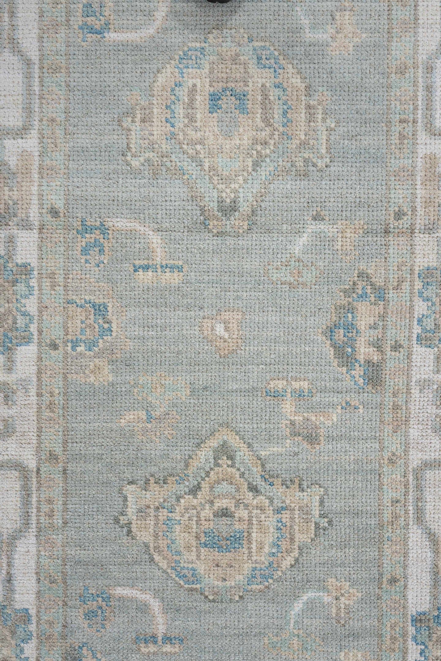 3' x 15' one-of-a-kind handmade vintage Oushak runner rug. Color palette: pale blue, ivory, taupe, cream, light gray