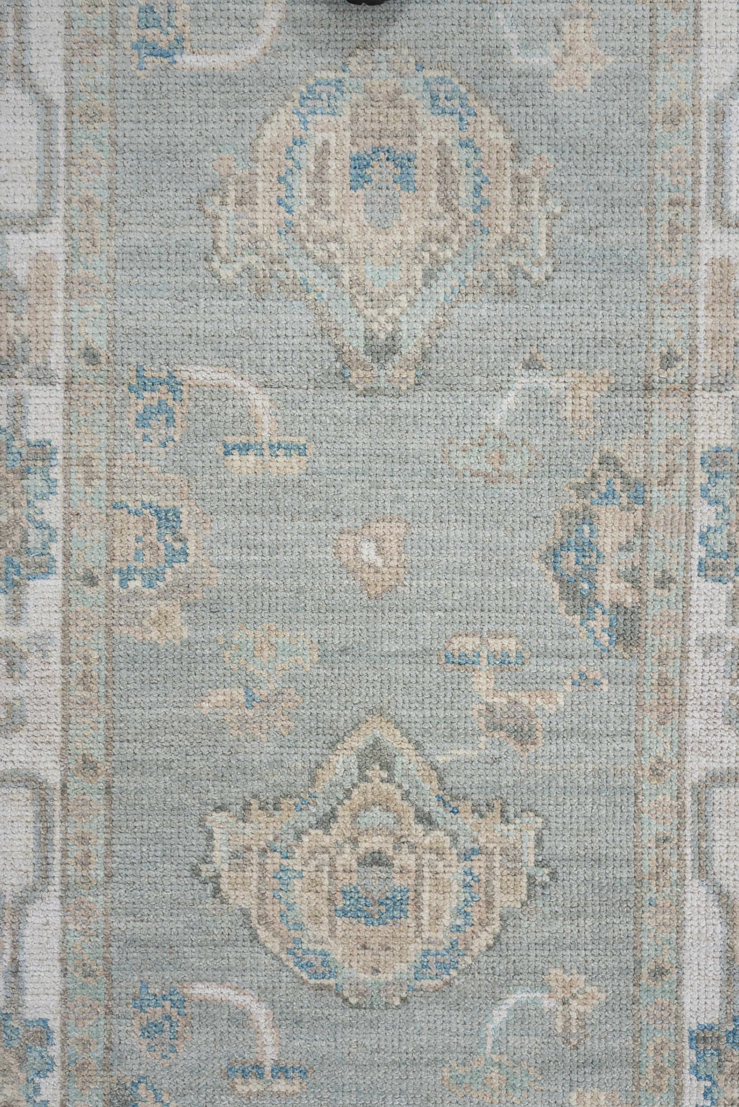 3' x 15' one-of-a-kind handmade vintage Oushak runner rug. Color palette: pale blue, ivory, taupe, cream, light gray