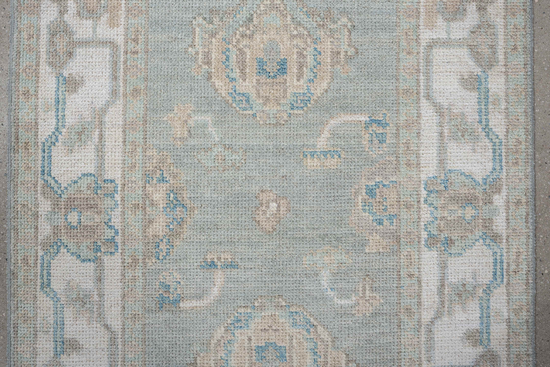 3' x 15' one-of-a-kind handmade vintage Oushak runner rug. Color palette: pale blue, ivory, taupe, cream, light gray
