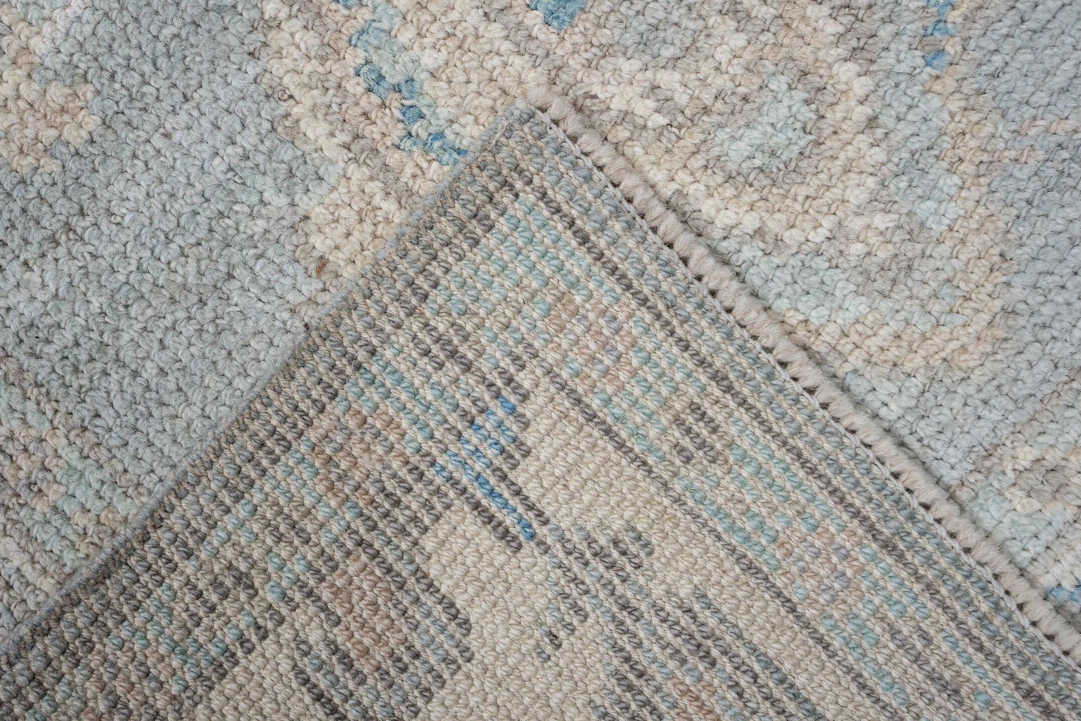 3' x 15' one-of-a-kind handmade vintage Oushak runner rug. Color palette: pale blue, ivory, taupe, cream, light gray