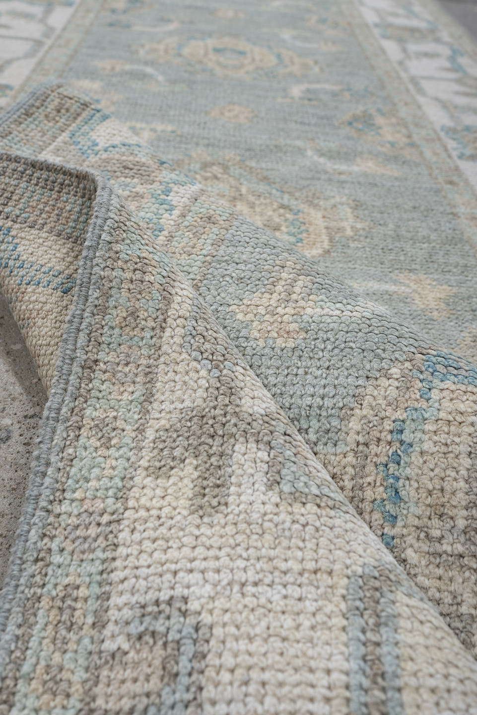 3' x 15' one-of-a-kind handmade vintage Oushak runner rug. Color palette: pale blue, ivory, taupe, cream, light gray