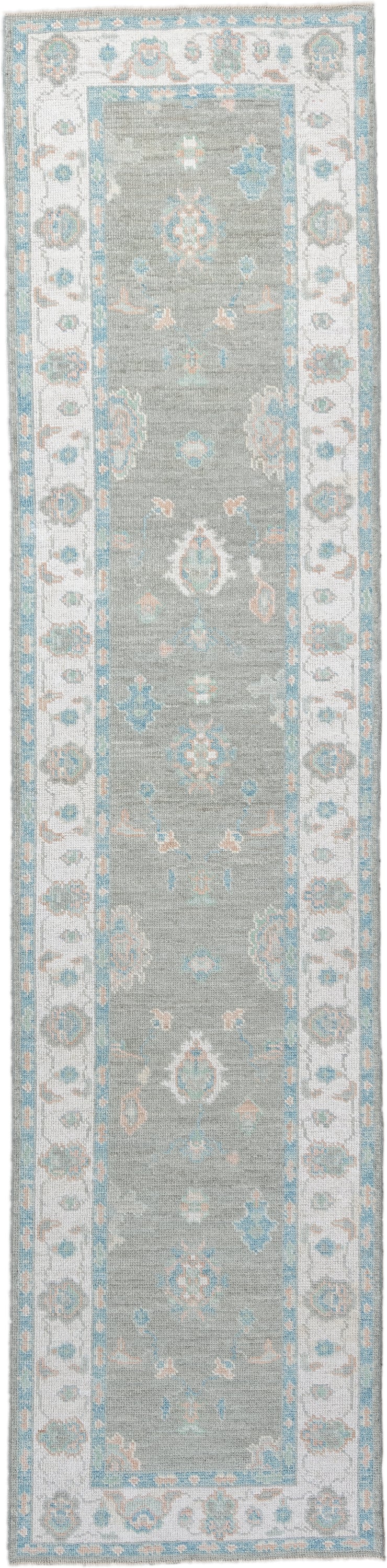 3' x 12' one-of-a-kind handmade vintage Oushak runner rug. Color palette: sage, ivory, aqua, blush, taupe, cream, green