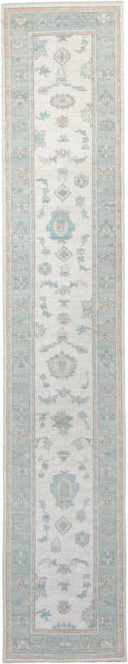 3' x 15' one-of-a-kind handmade vintage Oushak runner rug. Color palette: ivory, pale aqua, blush, taupe, sage, teal, pink