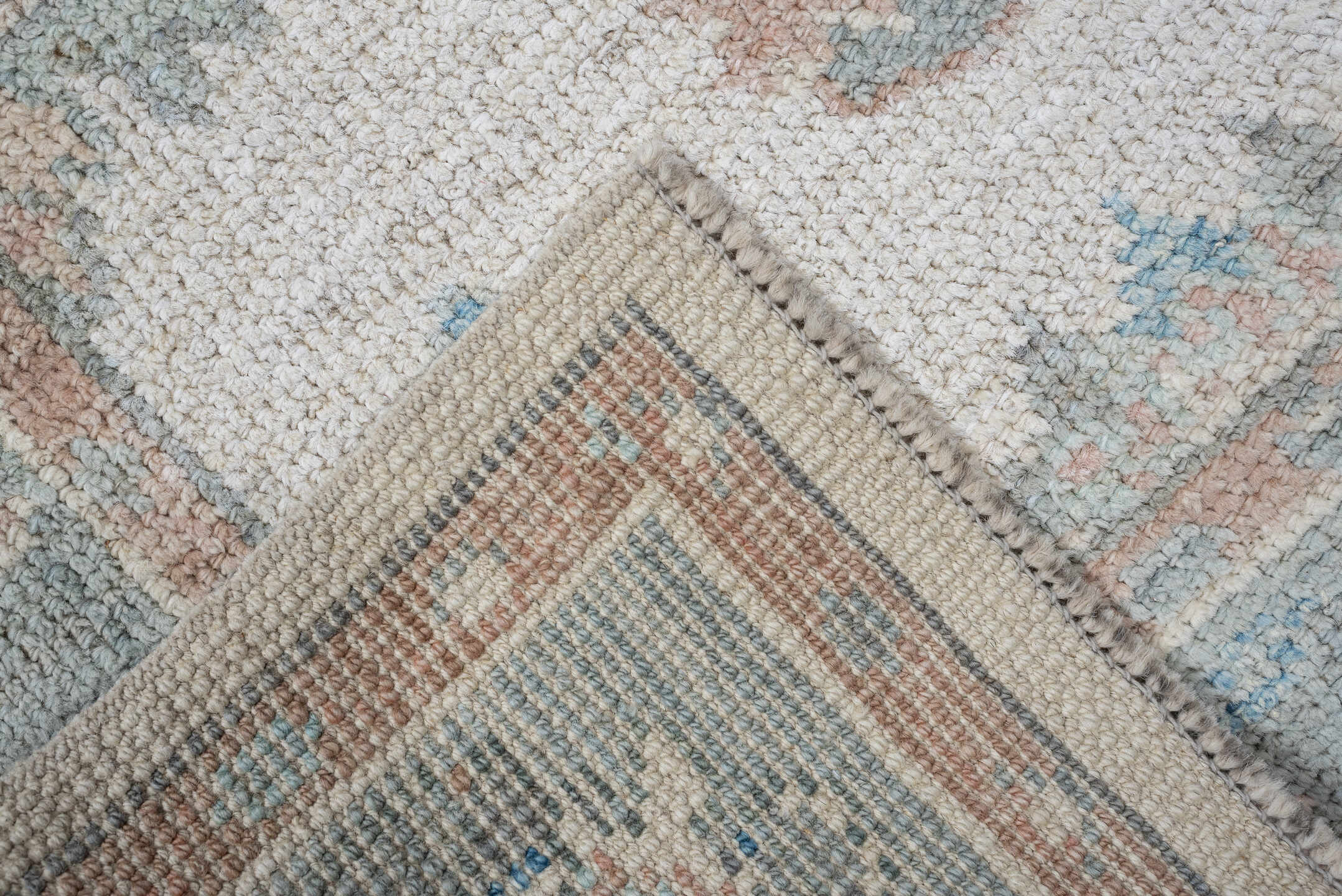 3' x 15' one-of-a-kind handmade vintage Oushak runner rug. Color palette: ivory, pale aqua, blush, taupe, sage, teal, pink
