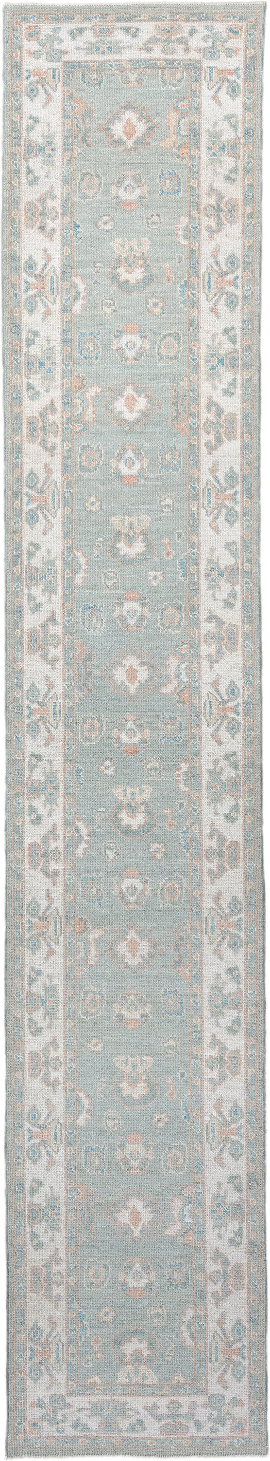 3' x 16' one-of-a-kind handmade vintage Oushak runner rug. Color palette: light blue, ivory, blush, taupe, sage, cream, pink