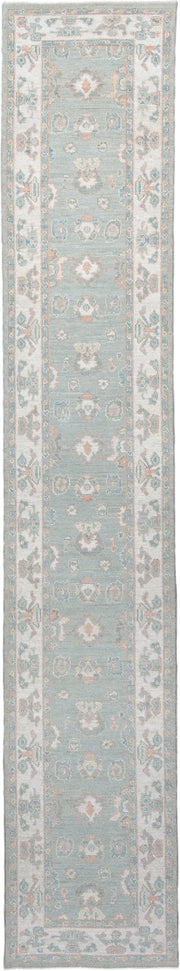 3' x 16' one-of-a-kind handmade vintage Oushak runner rug. Color palette: light blue, ivory, blush, taupe, sage, cream, pink