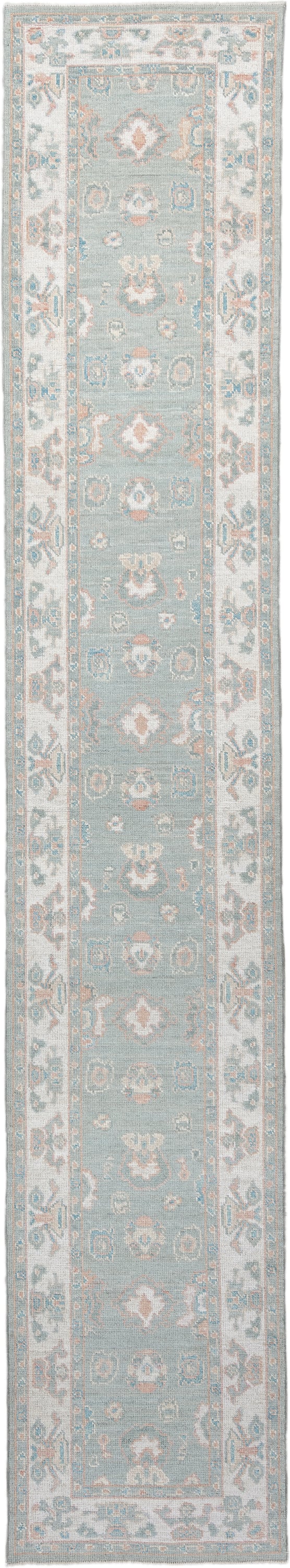 3' x 16' one-of-a-kind handmade vintage Oushak runner rug. Color palette: light blue, ivory, blush, taupe, sage, cream, pink