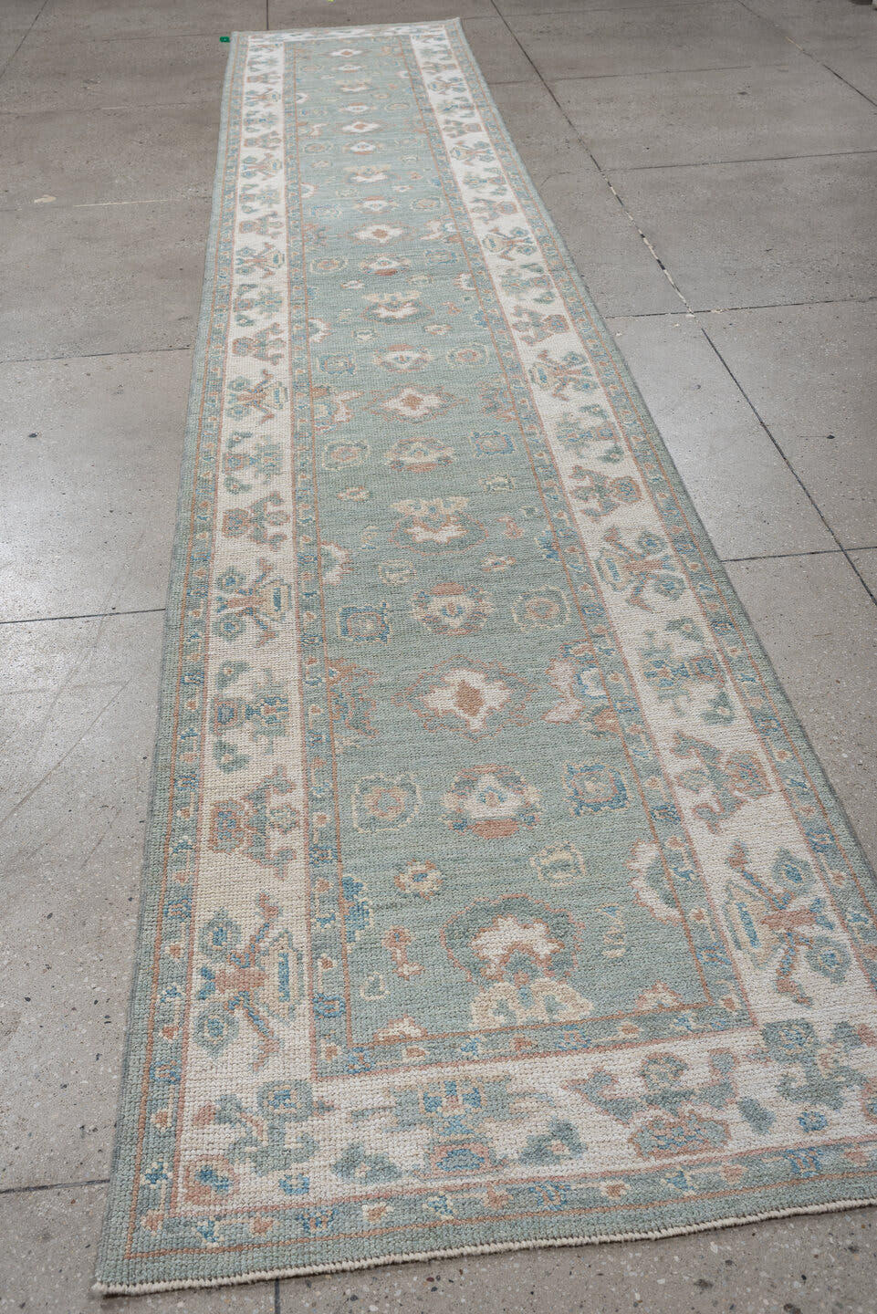 3' x 16' one-of-a-kind handmade vintage Oushak runner rug. Color palette: light blue, ivory, blush, taupe, sage, cream, pink