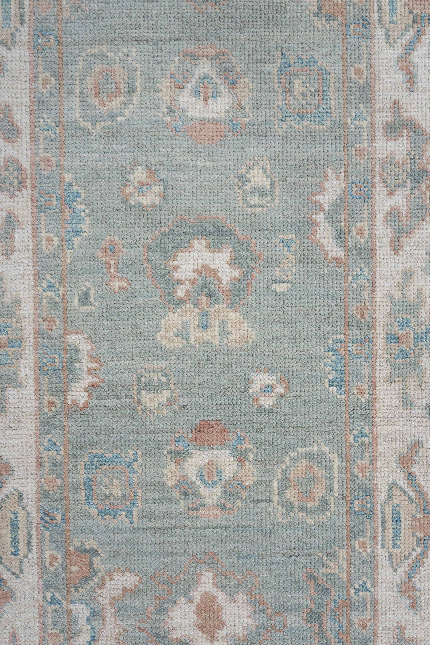 3' x 16' one-of-a-kind handmade vintage Oushak runner rug. Color palette: light blue, ivory, blush, taupe, sage, cream, pink