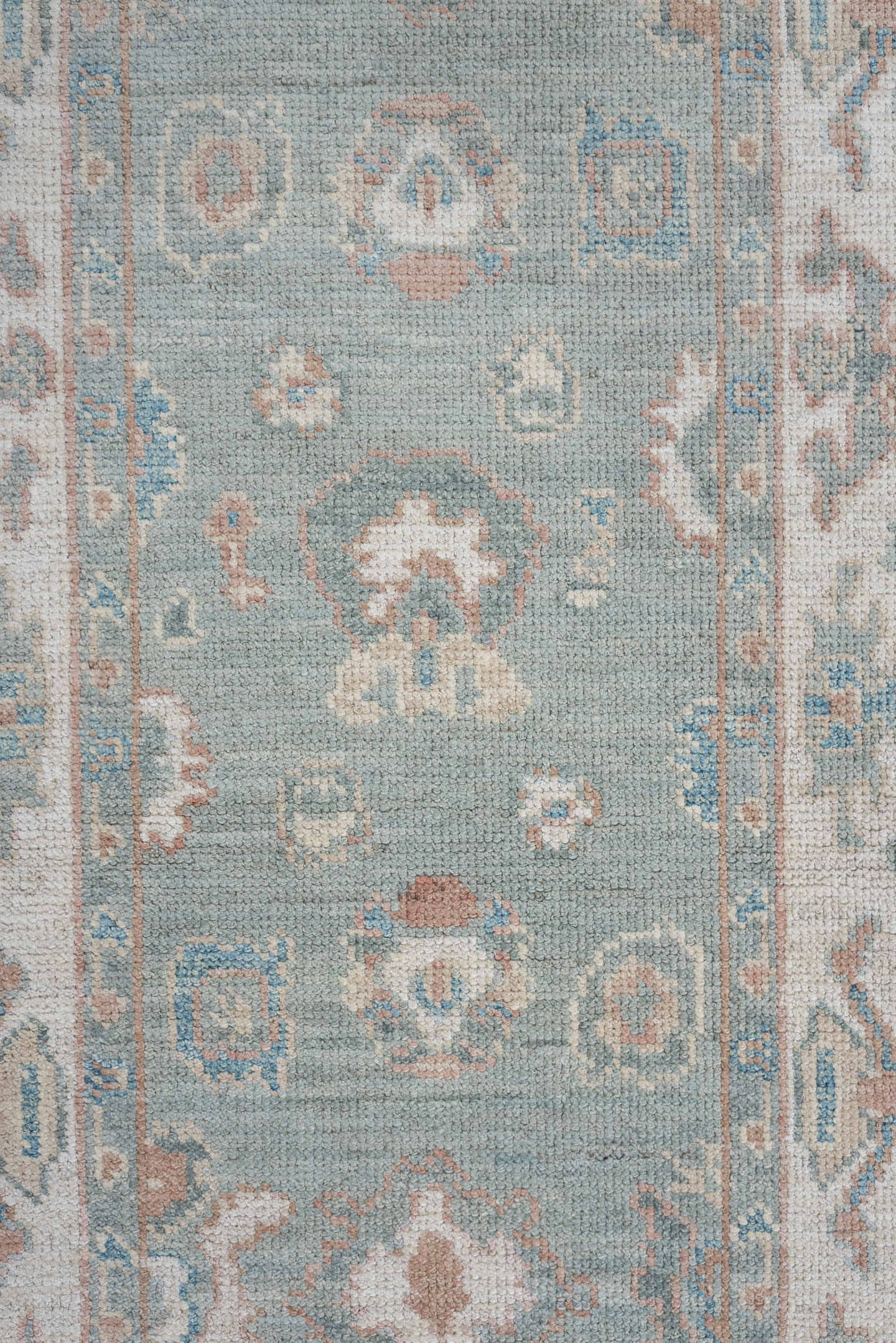 3' x 16' one-of-a-kind handmade vintage Oushak runner rug. Color palette: light blue, ivory, blush, taupe, sage, cream, pink
