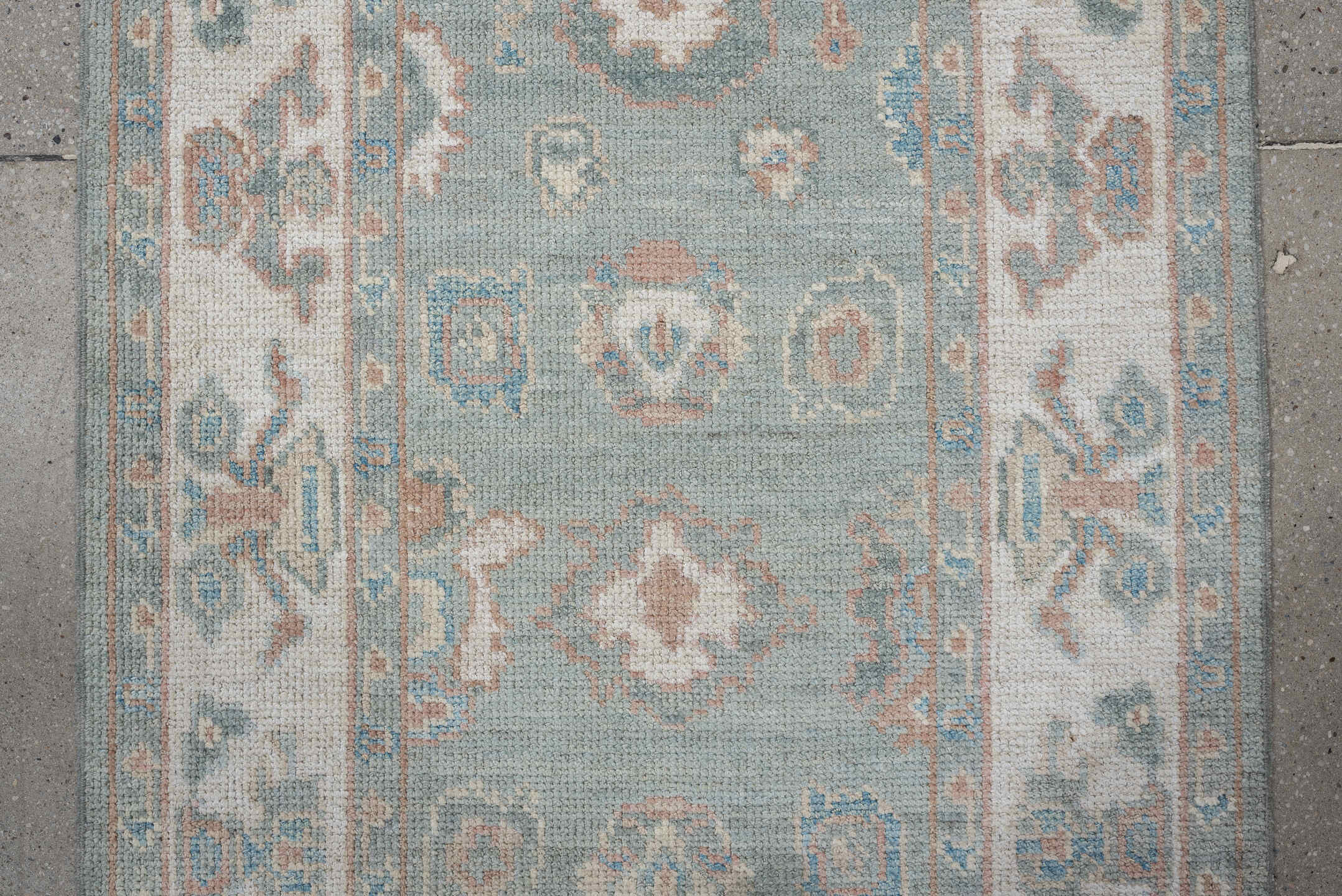 3' x 16' one-of-a-kind handmade vintage Oushak runner rug. Color palette: light blue, ivory, blush, taupe, sage, cream, pink