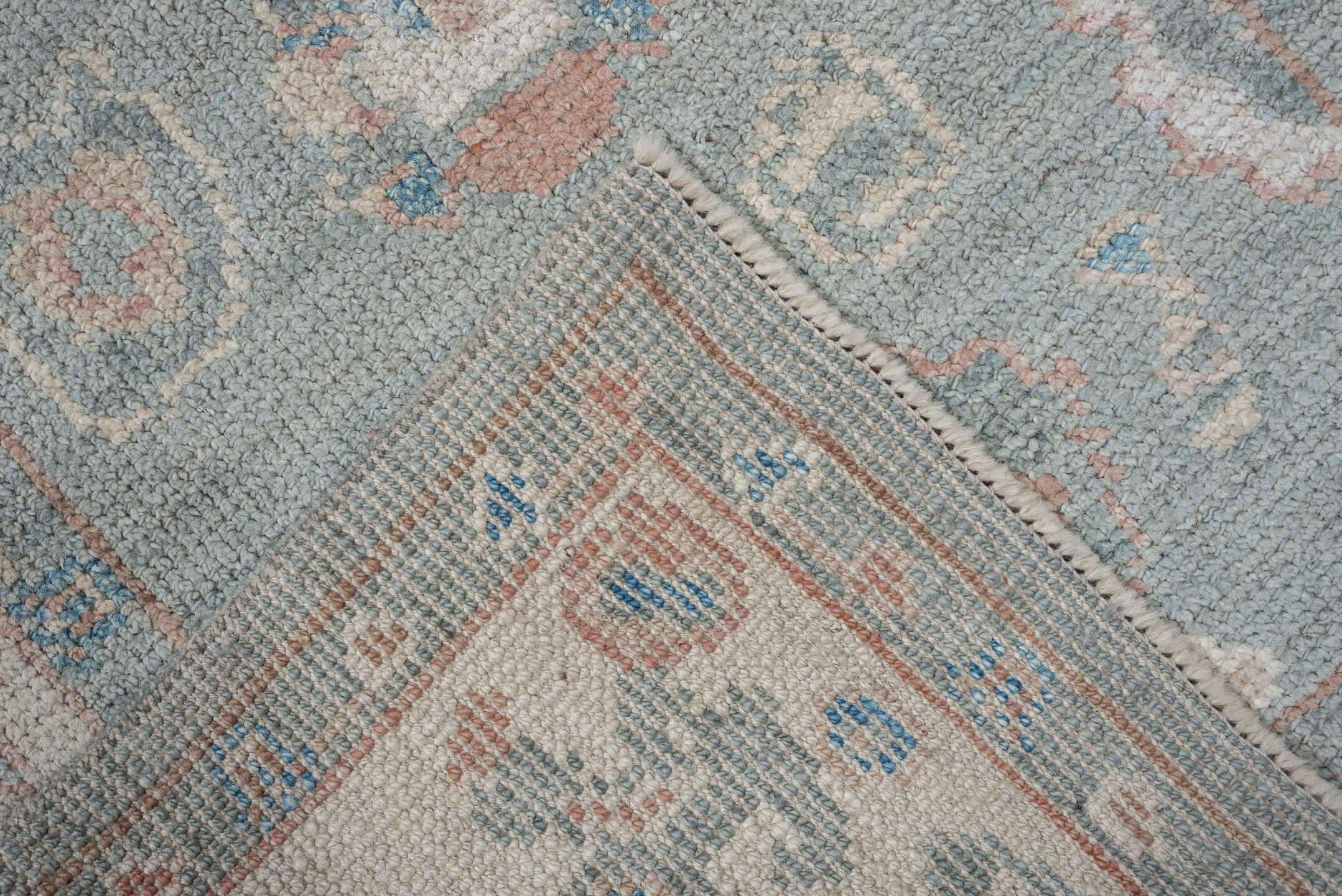 3' x 16' one-of-a-kind handmade vintage Oushak runner rug. Color palette: light blue, ivory, blush, taupe, sage, cream, pink