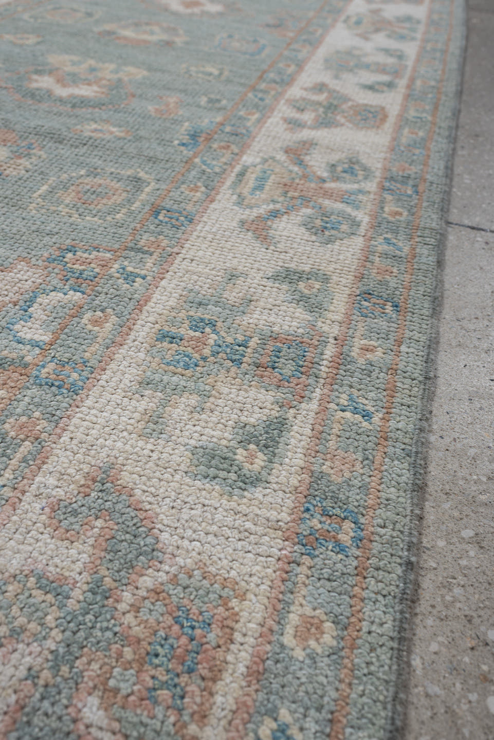 3' x 16' one-of-a-kind handmade vintage Oushak runner rug. Color palette: light blue, ivory, blush, taupe, sage, cream, pink