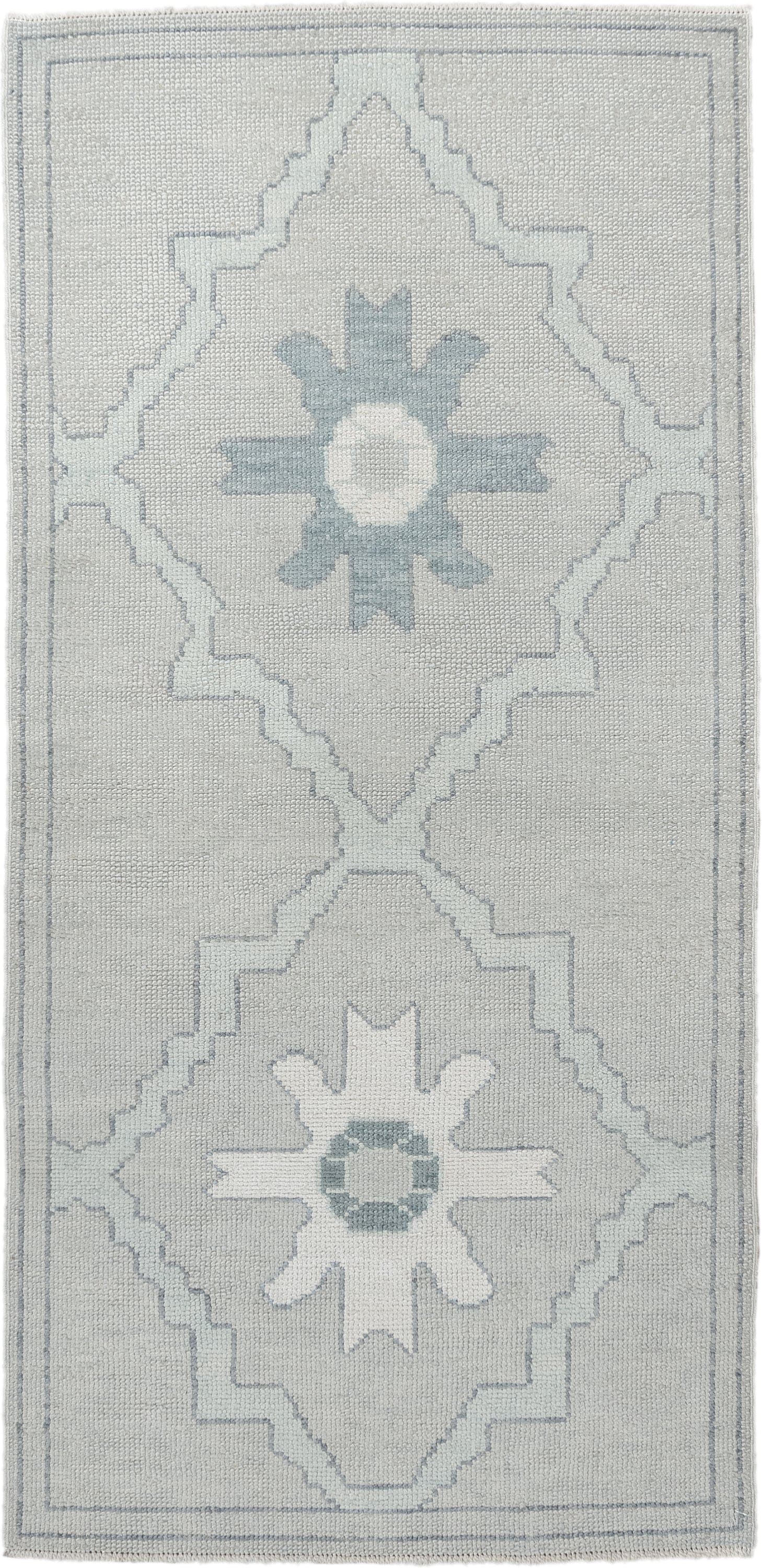 3' x 6' one-of-a-kind handmade vintage Oushak runner rug. Color palette: ivory, light blue, pale gray, cream, light gray