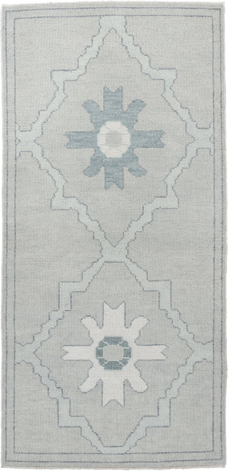 3' x 6' one-of-a-kind handmade vintage Oushak runner rug. Color palette: ivory, light blue, pale gray, cream, light gray