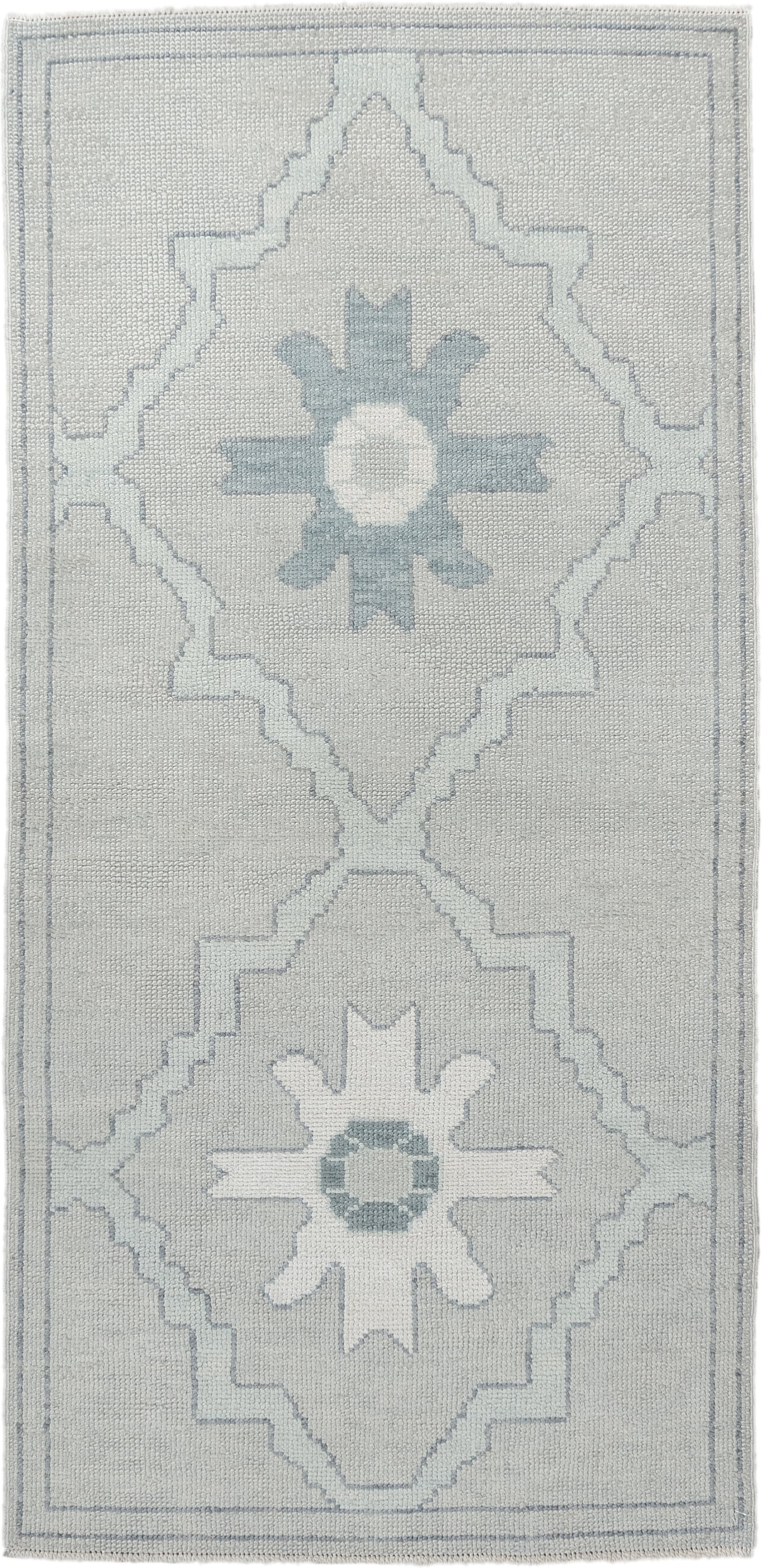 3' x 6' one-of-a-kind handmade vintage Oushak runner rug. Color palette: ivory, light blue, pale gray, cream, light gray