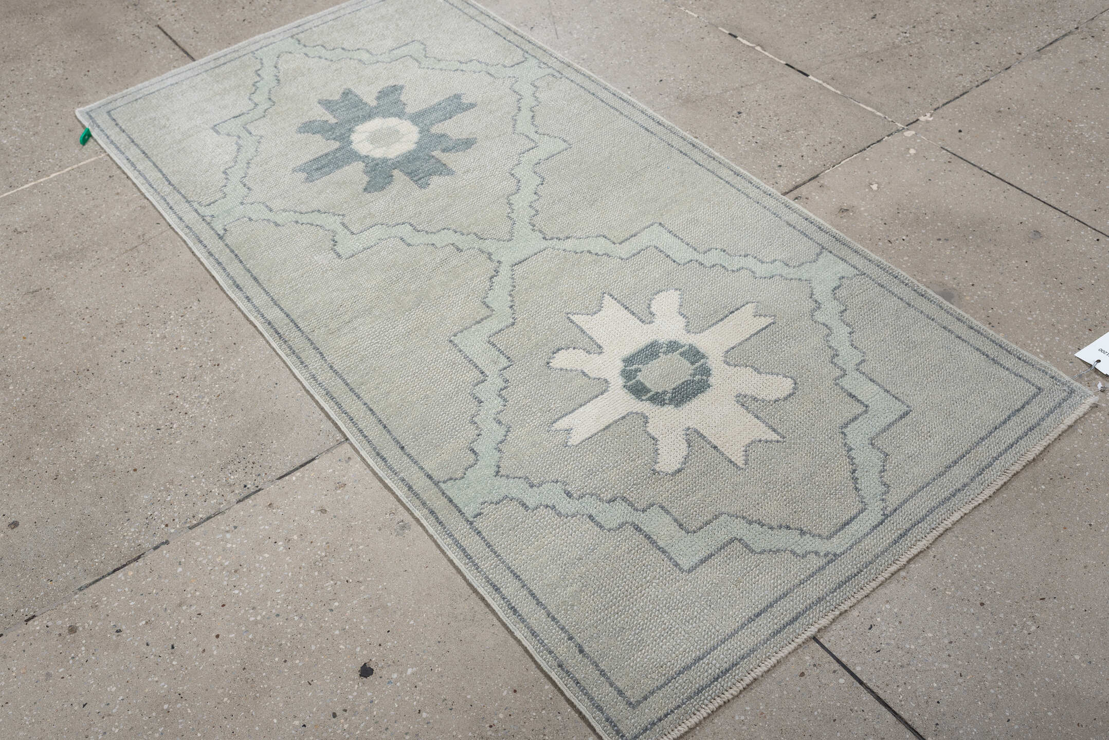 3' x 6' one-of-a-kind handmade vintage Oushak runner rug. Color palette: ivory, light blue, pale gray, cream, light gray