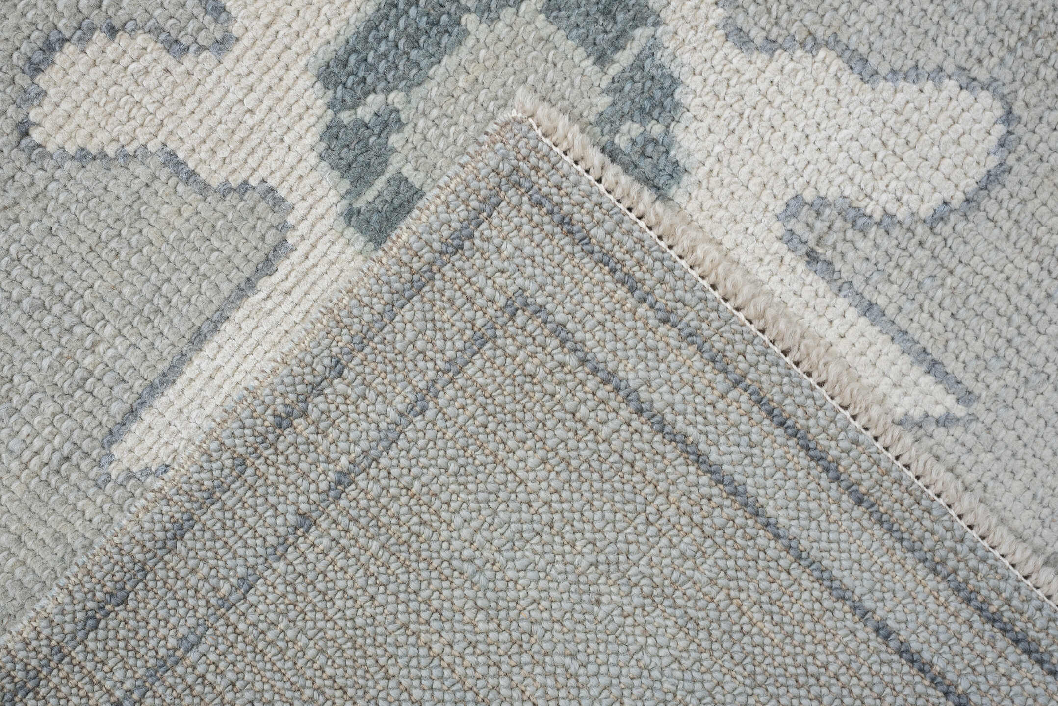 3' x 6' one-of-a-kind handmade vintage Oushak runner rug. Color palette: ivory, light blue, pale gray, cream, light gray