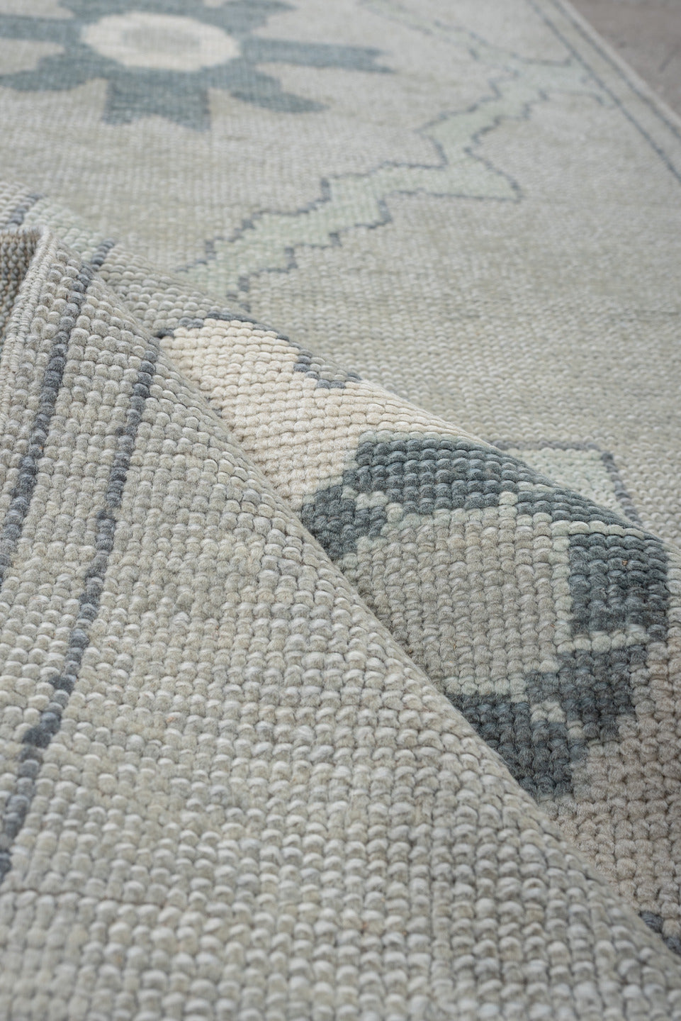 3' x 6' one-of-a-kind handmade vintage Oushak runner rug. Color palette: ivory, light blue, pale gray, cream, light gray