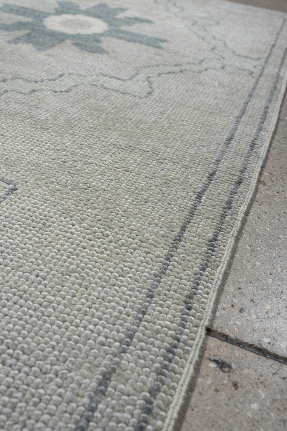 3' x 6' one-of-a-kind handmade vintage Oushak runner rug. Color palette: ivory, light blue, pale gray, cream, light gray