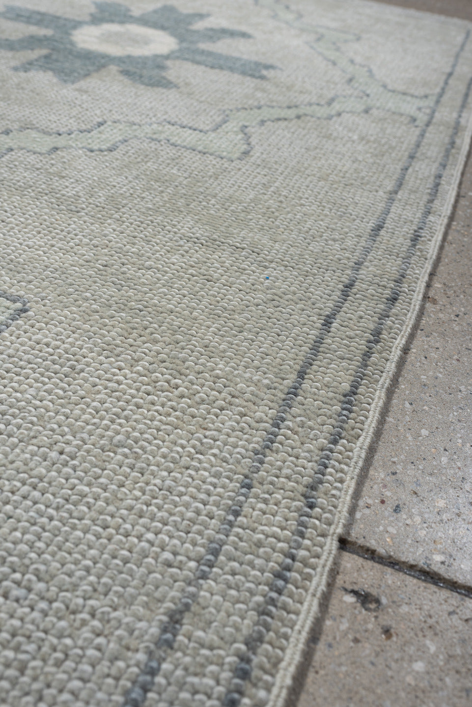 3' x 6' one-of-a-kind handmade vintage Oushak runner rug. Color palette: ivory, light blue, pale gray, cream, light gray