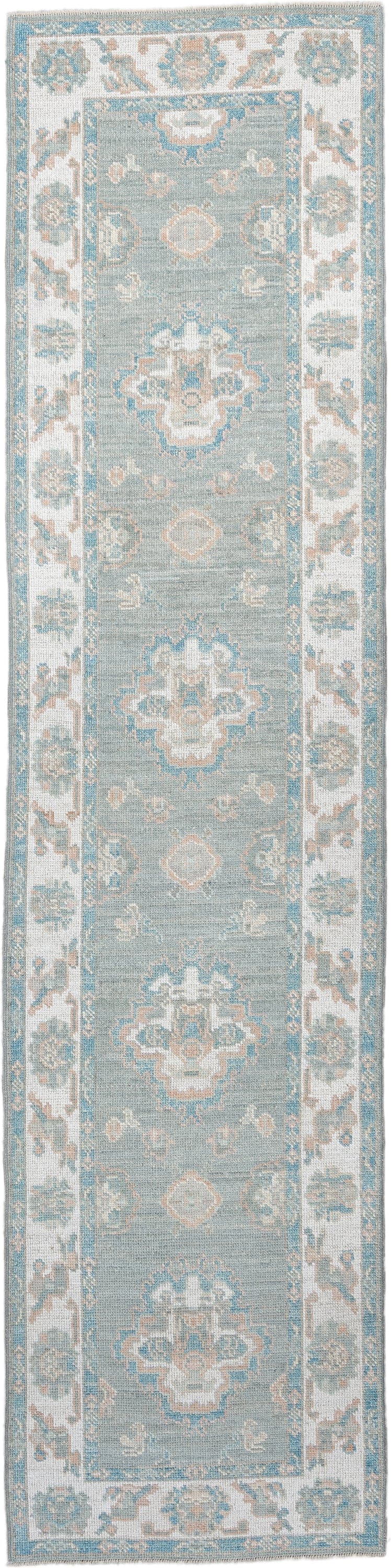 3' x 12' one-of-a-kind handmade vintage Oushak runner rug. Color palette: sky blue, ivory, beige, taupe, sage, light blue