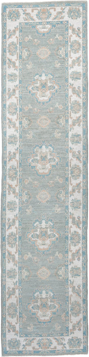 3' x 12' one-of-a-kind handmade vintage Oushak runner rug. Color palette: sky blue, ivory, beige, taupe, sage, light blue