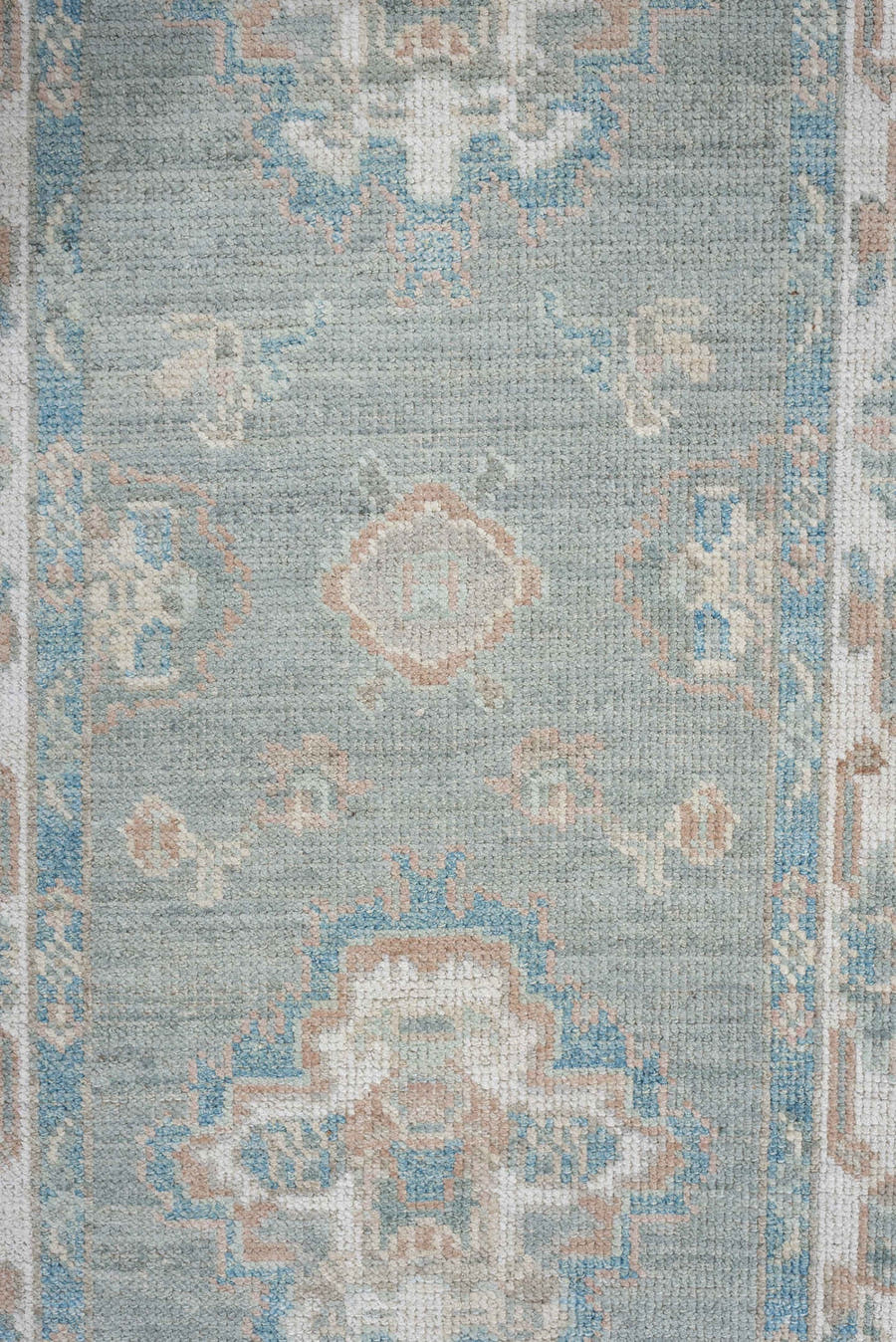 3' x 12' one-of-a-kind handmade vintage Oushak runner rug. Color palette: sky blue, ivory, beige, taupe, sage, light blue