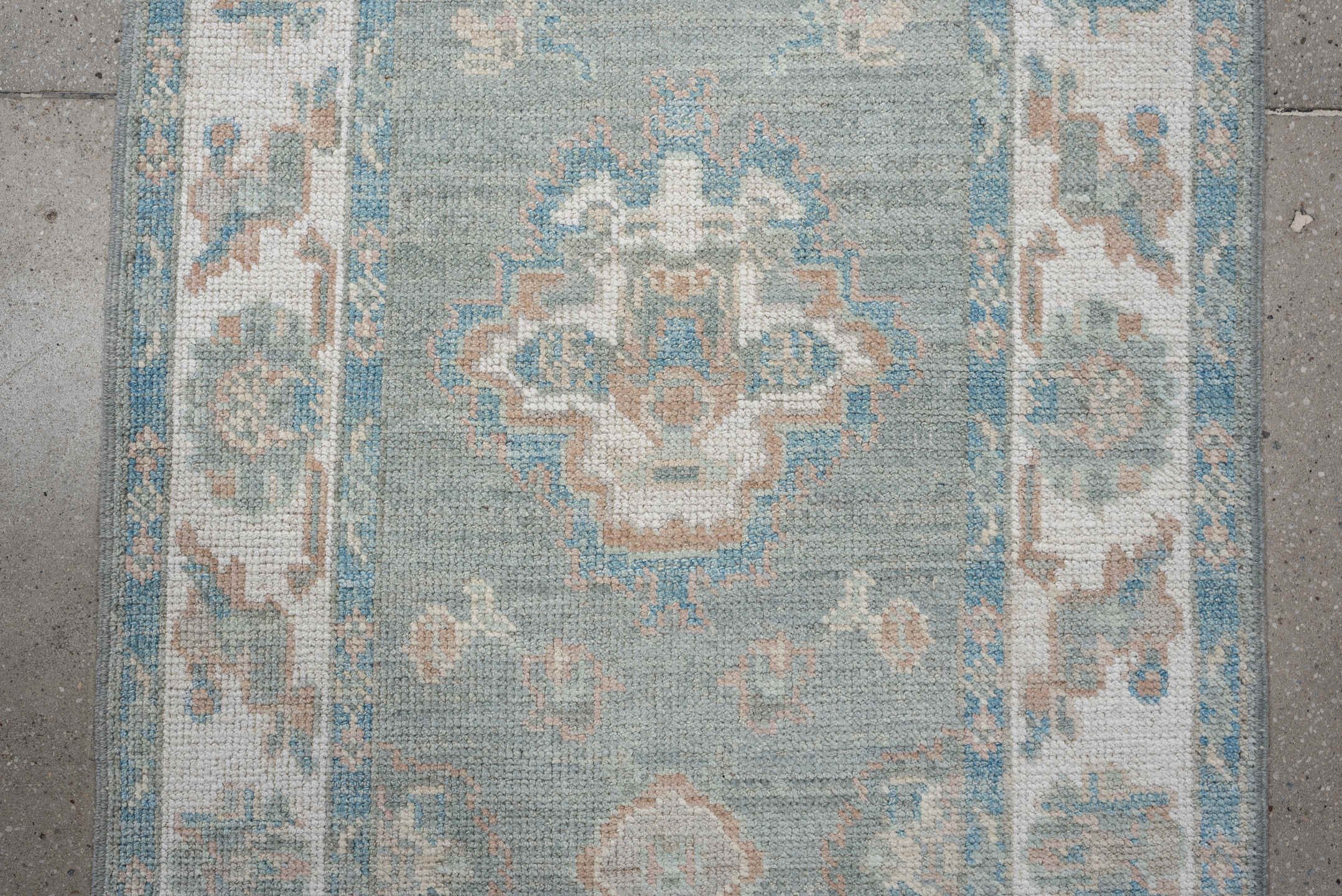 3' x 12' one-of-a-kind handmade vintage Oushak runner rug. Color palette: sky blue, ivory, beige, taupe, sage, light blue
