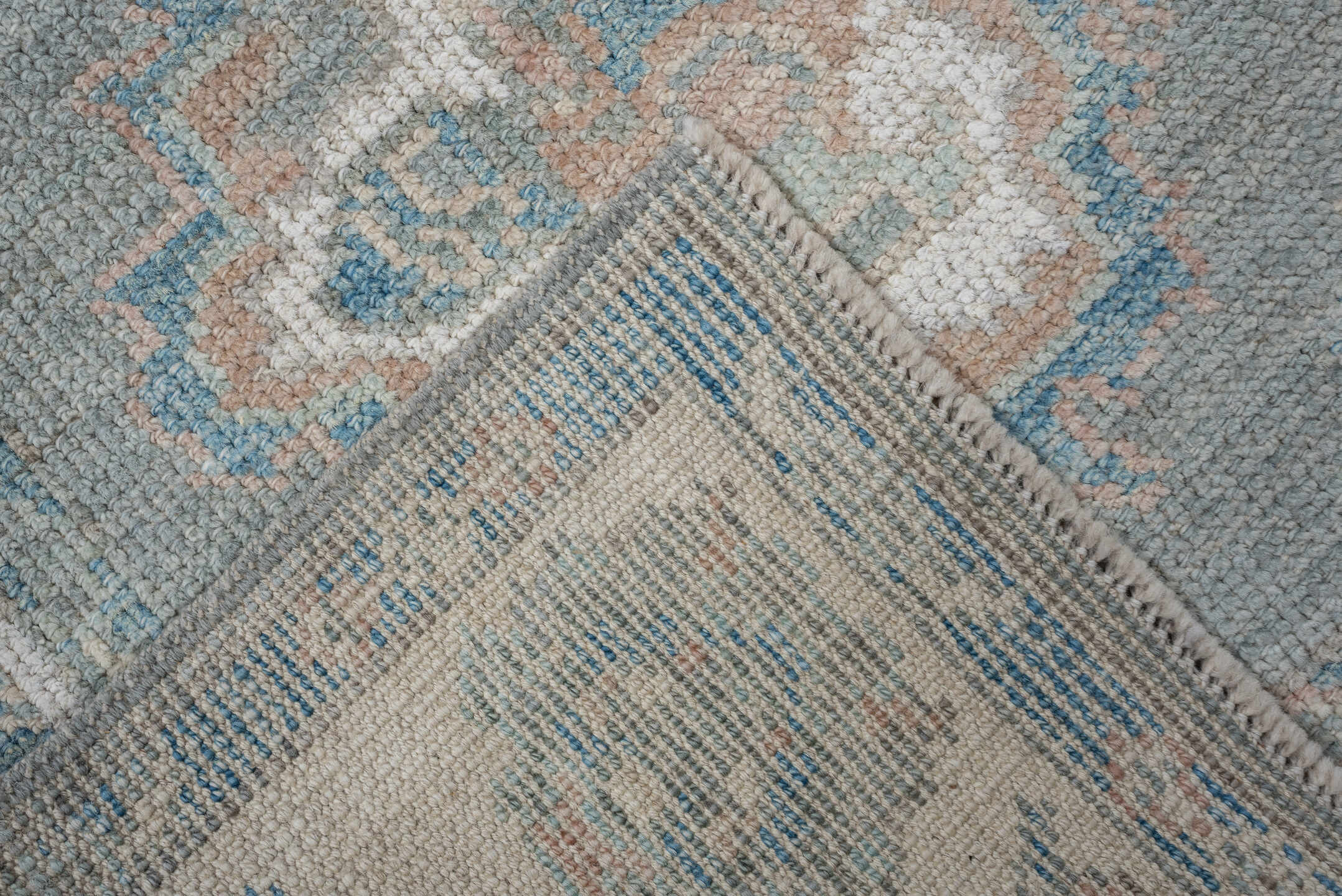 3' x 12' one-of-a-kind handmade vintage Oushak runner rug. Color palette: sky blue, ivory, beige, taupe, sage, light blue